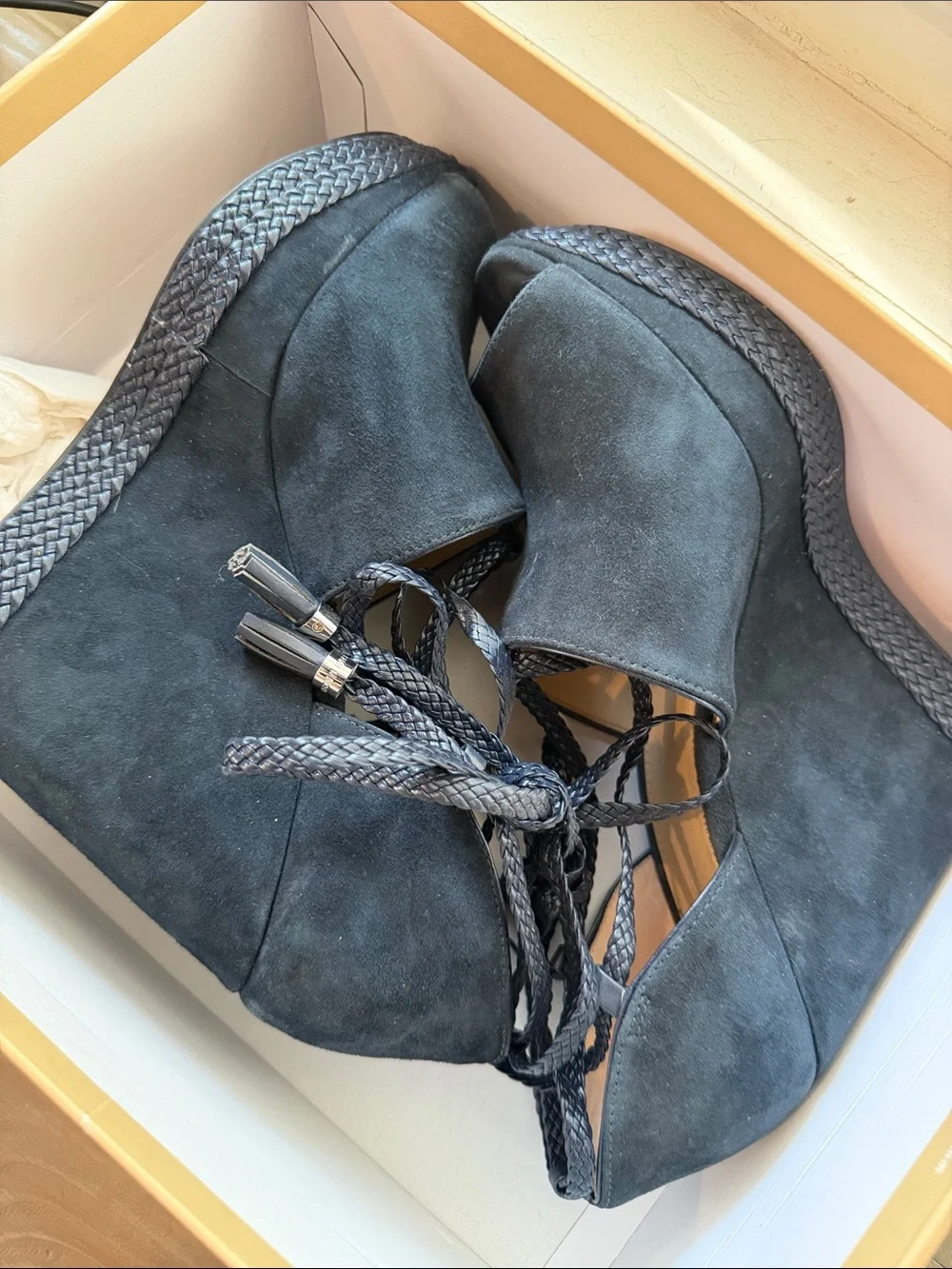 MICHAEL Michael Kors Black Suede Peep-Toe Lace-Up Wedge Sandals